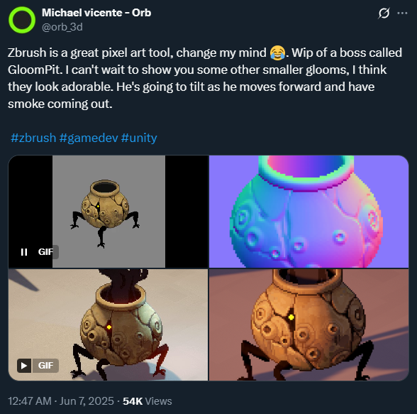 A normal map example from Michael Vicente showing how surface normals affect lighting